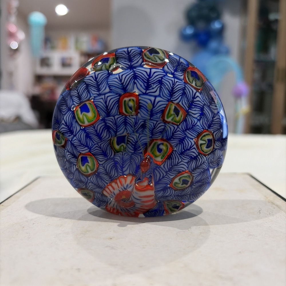 Vintage Millefiori Art Glass Abstract Peacock Paperweight Murano Style